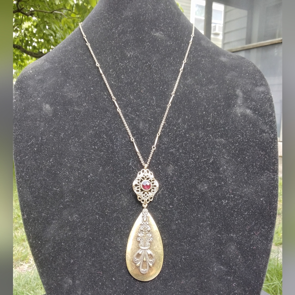 Lucky brand Vintage necklace with garnet color jewel in aged gold tone finish